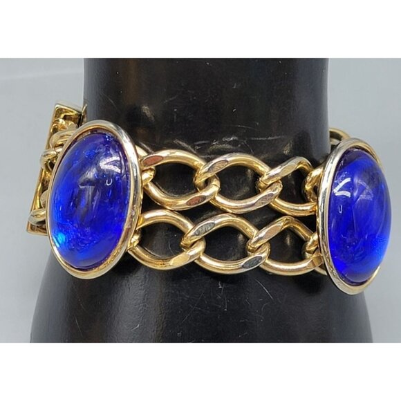 Blue Lucite Station Bracelet Vintage Large Link Gold Tone Size 7 Large Cabachon - Picture 4 of 8